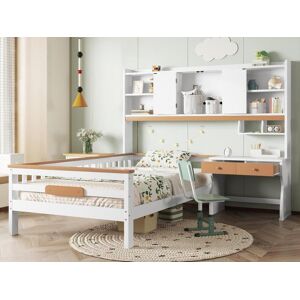 ModernLuxe Cama infantil 90x200 cm em madeira maciça - com gavetas, prateleira e escrivaninha - com grade de proteção e estrado ripado - Branco + Natural Image