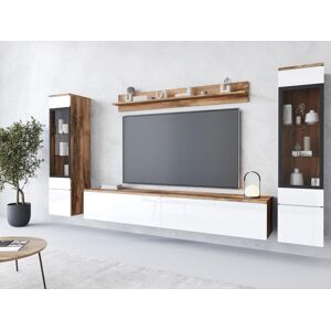 Conjunto moderno de móveis de sala 4 peças, móvel de TV 180 cm, 2 vitrinas e prateleira, corpo carvalho Wotan mate, frentes branco brilho, de pé ou suspenso Image