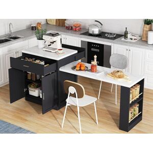 ModernLuxe Ilha de cozinha - com USB - com 2 portas e 2 gavetas - Tampo extensível - Prateleiras abertas - Branco+preto Image