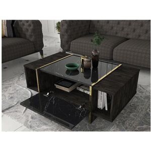 Vente-unique Mesa de centro com 1 porta e 2 nichos, efeito mármore preto, natural escuro e dourado - CADEBA II Image