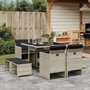 Vidaxl Conjunto De Jantar De Jardim 9 Peças Com Almofadas De Vime Sintético Cinza Claro Image