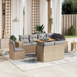 Vidaxl Sofá De Jardim Conjunto 9 Pcs Com Almofadas De Rattan Sintético Bege Image