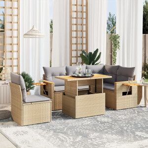 Vidaxl Sofá De Jardim Com Almofadas 6 Pcs Bege Sintético Rattan Image