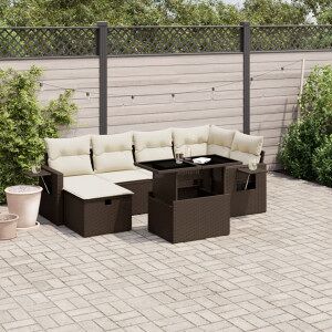 Vidaxl Conjunto De Sofá De Jardim De 7 Peças Com Almofadas De Vime Pe Castanho Image