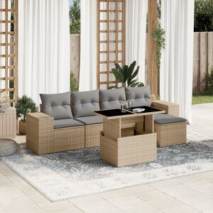 Vidaxl Conjunto De Sofá De Jardim Com Almofadas 6 Peças De Rattan Sintético Bege Image