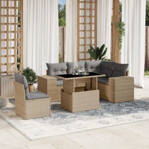 Vidaxl Conjunto De Sofá De Jardim Com Almofadas 6 Peças De Rattan Sintético Bege Image