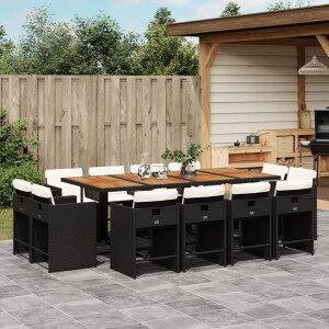 Vidaxl Set De Refeição De Jardim Com Almofadas 13 Pcs Ratão Sintético Preto Image