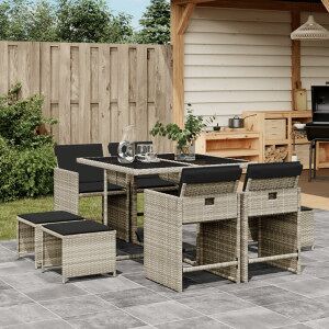 Vidaxl Conjunto De Jantar De Jardim 9 Peças Com Almofadas De Vime Sintético Cinza Claro Image