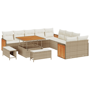 Vidaxl 13 Piece Garden Sofá Conjunto Com Almofadas Bege Polyratan Acacia Image