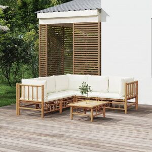 Vidaxl Conjunto De Móveis De Jardim 6 Peças De Bambu E Almofadas Branco Creme Image