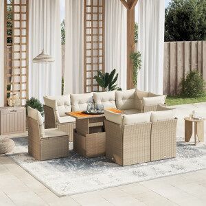 Vidaxl Sofá De Jardim Conjunto 9 Pcs Com Almofadas De Rattan Sintético Bege Image