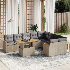 Vidaxl Conjunto De Sofá De Jardim Com Almofadas Bege 10 Peças De Rattan Sintético Image