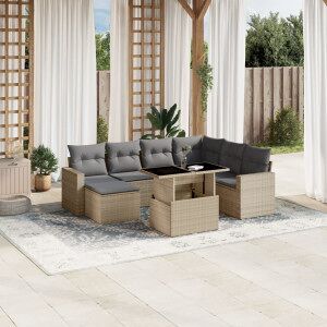 Vidaxl Conjunto De Sofá E Almofada De Jardim 8 Peças Rattan Sintético Bege Image