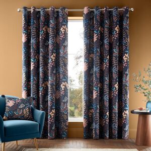 Catherine Lansfield Exotic Leaves Soft Recycled Polyester Velour Eyelet Curtains Black 46cm Width x 183cm Drop Image