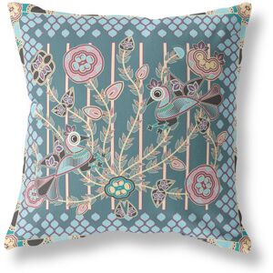 AmritaSen Indoor / Outdoor Floral Square Cushion With Filling Dark Green/Aqua/Pink 41cm H x 41cm W Image