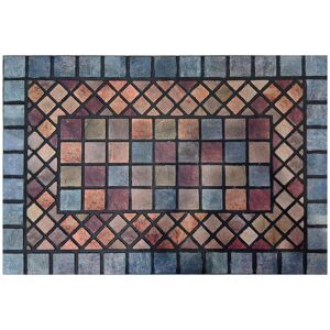 NICOMAN Recycled Rubber Elegant Tile Doormat Blue Border 44cm W X 75cm L Image