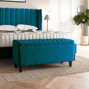 R&M Furnishers Plush Velvet Lined Upholstered Ottoman Storage Box with Wooden Legs Emerald Green 45cm H X 120cm W X 40cm D Image