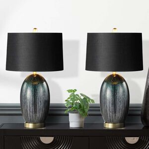 Ivy Bronx Cortisha 72cm Living Room Table Lamp with Glass Base, Bedside Buffet Lamp for Bedroom with Linen Shade Black;Gold 70cm H X 40.5cm W X 40.5cm D Image