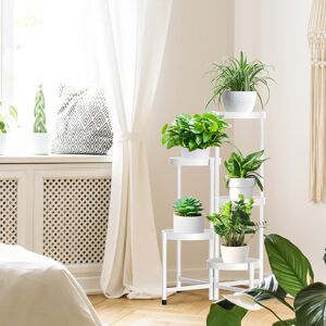 Dakota Fields 5 Tier Metal Foldable Corner Tall Plant Shelf, Rustproof,Black White 79.76cm H X 46.99cm L X 46.99cm D Image