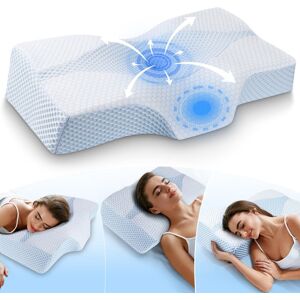 White Noise Memory Foam Neck Support Pillow for Pain Relief, Ergonomic Cervical Pillow with Washable Cover Blue Image