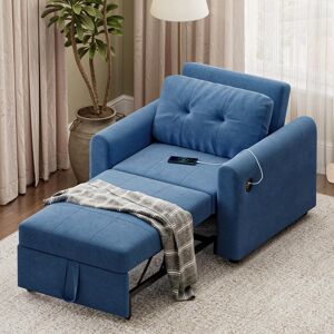 17 Stories 3 In 1 Accent Chairs Bed, Convertible Sleeper Chair Bed With Usb & Type-c Ports, Side Pocket, Pull Out Accent Chairs Bed Linen Armchair With Adjustabl Blue 82cm H X 84cm W X 190cm D Image