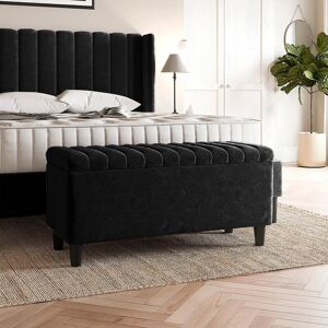 R&M Furnishers Plush Velvet Lined Upholstered Ottoman Storage Box with Wooden Legs Black 45cm H X 137cm W X 40cm D Image