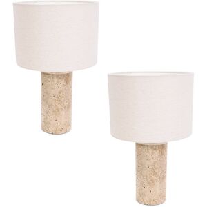 Metro Cristalyn Pair of Marble Effect Natural Table Lamps with Drum Shades and LED Bulbs Cream 32cm H X 25cm D Image