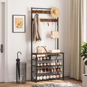 Rio Aarran Hall Tree with Shoe Storage and 9 Hooks,Shoe and Coat Rack Rustic Brown/Black 190cm H X 80cm W X 32cm D Image