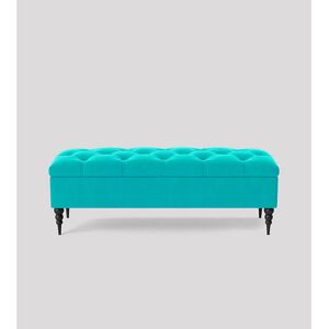 R&M Furnishers Safar Plush Velvet Chesterfield Ottoman Bench with Storage and Black Turned Wooden Legs Teal 40cm H x 150cm W x 40cm D Image
