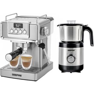 Geepas 1465W Espresso Coffee Machine & 450W Coffee Grinder Combo Set -Milk Frother - 800ML Capacity, 2 Speed Pulse Silver;Black 1.8L Image
