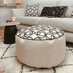 17 Stories Printed Linen Geometric Drum Pouffe Beanbag Cream 35cm H X 63cm W Image