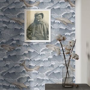 Highland Dunes Abiba Vintage Waves and Whales Wallpaper Blue/Grey/Yellow 250cm L X 68.6cm W Image