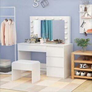 Hashtag Home Mobley Dressing Table Vanity Set with Stool and Mirror White 140cm H X 94cm W X 42cm D Image