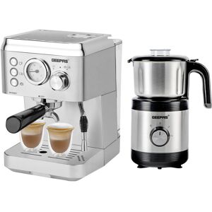 Geepas 1140W Espresso & Cappuccino Coffee Machine & 450W Coffee Grinder Combo Set - Milk Frother, Wet & Dry Coffee Grinder Silver;Black 1.8L Image