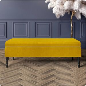 R&M Furnishers Safar Plain Upholstered Plush Velvet Ottoman Storage Bench with Black Turned Wooden Legs Mustard Gold 40cm H x 120cm W x 40cm D Image