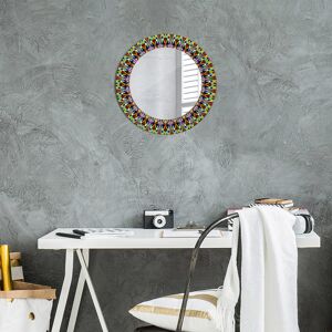 East Urban Home Huldar Round Glass Framed Wall Mounted Accent Mirror in White/Blue/Yellow Multicolour Psychodelic Mandala Pattern 50cm H x 50cm W Image