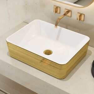 MEJE 48x38cm Bathroom Sink, Luxury Gold Stripe Rectangle Vanity Sink Over Countertop, Porcelain Ceramic Artistic Washbasin, Basin Gold 12,258.04mm L X 9,354.82mm W X 3,418.84mm H Image