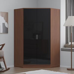 Zipcode Design Eva High Gloss 2 Door Corner Wardrobe - H: 180cm x D: 103cm x W: 103cm Walnut/Gloss Black 180cm H X 103cm W X 103cm D Image