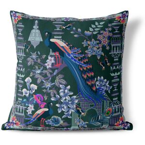 AmritaSen Peacock Paradise Indoor / Outdoor Floral Square Cushion With Filling Green 46cm H x 46cm W Image