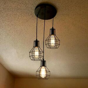 Borough Wharf Vintage 3-Light Cage Pendant – Adjustable Height ????? Hanging Light Black 121cm H X 20cm W X 20cm D Image