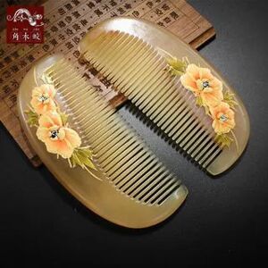 Woodiland - Floral Print Horn Hair Comb Beige - 13cm x 5.5cm x 0.8cm  - Cosmetics Image
