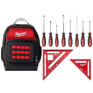 Milwaukee 15 in. Ultimate Jobsite Backpack W/Screwdriver Set W/ 7 in. Rafter Square and 4-1/2 in. Trim Square Set (11-Piece) Image