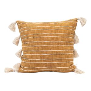 Storied Home Mustard Color and White Cotton Woven Pillow with Appliqued Stripes and Tassels Image