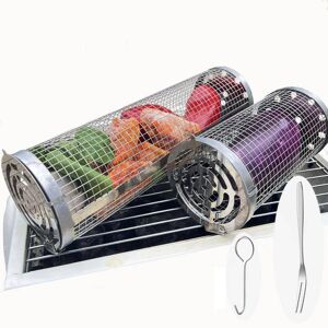 Afoxsos Rolling Grilling Basket 2 PACK, Round Stainless Steel Grill Mesh, BBQ Grill Mesh for Vegetables, Fish(M and L, Pack-2) Image