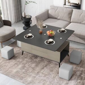 Harper & Bright Designs 47.2 in. Dark Gray Rectangle MDF Multifunctional Lift Top Coffee Table with 4 Ottomans and Drawer Image