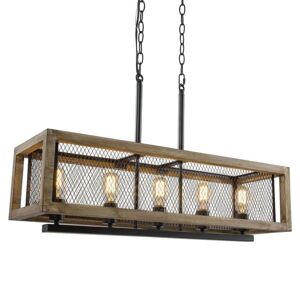 5-Light Distressed Wood and Aged Iron Drum Farmhouse Chandelier Enhancing Rustic Elegance of Dining Room or Foyer. Image