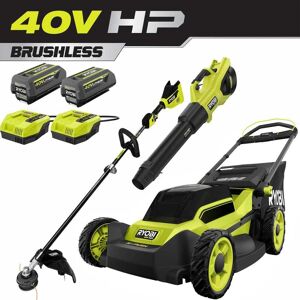 RYOBI 40V HP Brushless 20 in. Cordless Battery Walk Behind Push Mower, String Trimmer, & Blower - Batteries and Chargers Image
