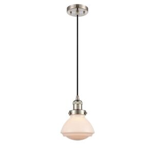 Innovations Olean 1-Light Brushed Satin Nickel Schoolhouse Pendant Light with Matte White Glass Shade Image