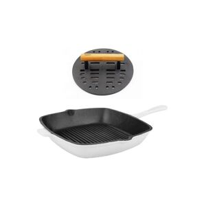 BergHOFF Neo 11 in. Cast Iron Grill Pan in White with Bacon Press Image