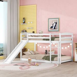 URTR Twin over Twin Low Bunk Bed with Convertible Slide and Ladder, Solid Wood Bunk Bed for Toddlers Kids Boys Girls, White Image